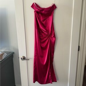 Hot pink strapless dress with slit